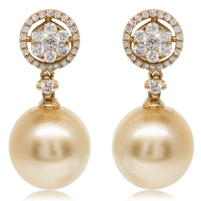 18ct Yellow Gold South Sea Pearl & Diamond Drop Earrings-Earrings-Walker & Hall