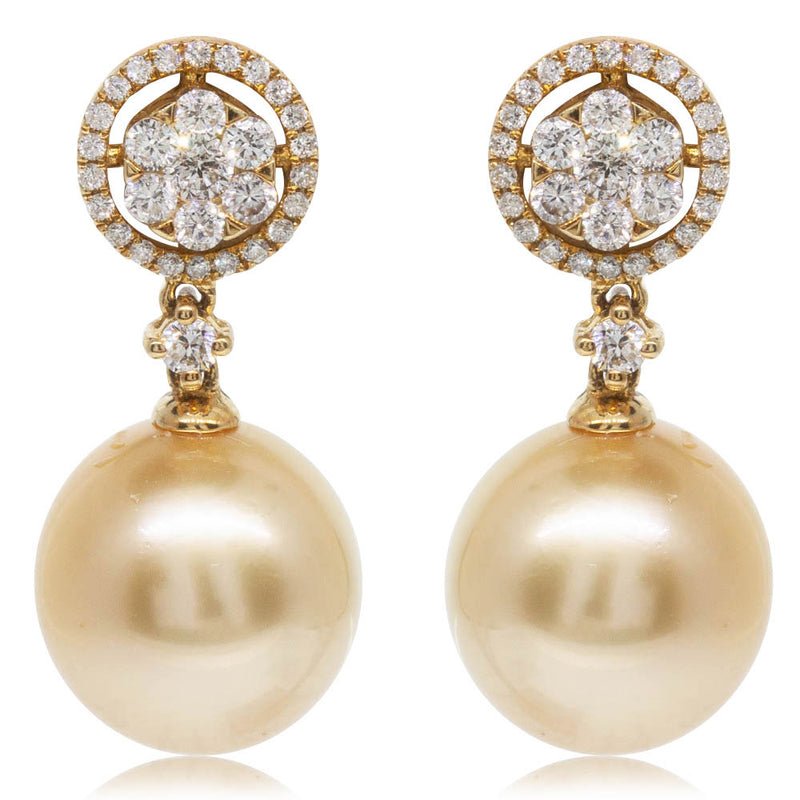 18ct Yellow Gold South Sea Pearl & Diamond Drop Earrings-Earrings-Walker & Hall