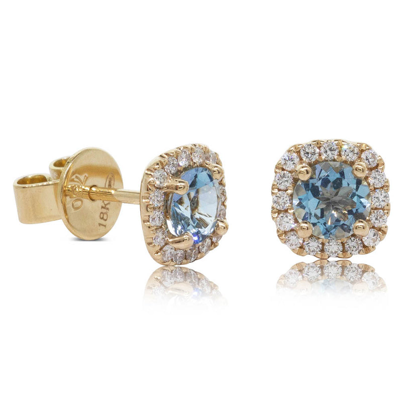 18ct Yellow Gold Aquamarine & Diamond Peony Earrings-Earrings-Walker & Hall