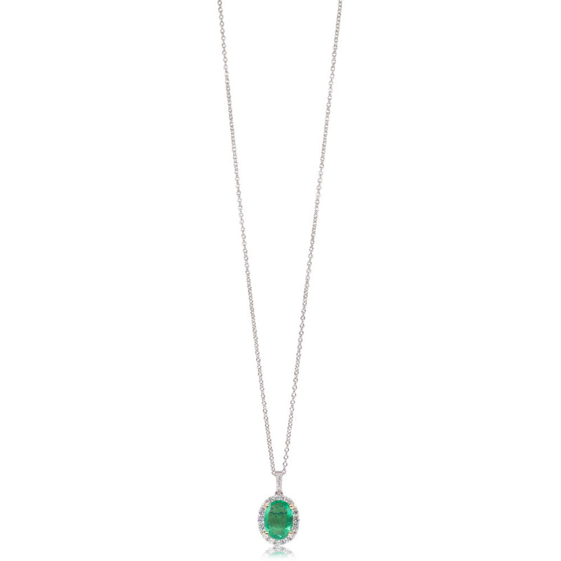 18ct White Gold Emerald & Diamond Halo Pendant-Necklace-Walker & Hall