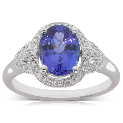 18ct White Gold Tanzanite & Diamond Halo Ring-Ring-Walker & Hall