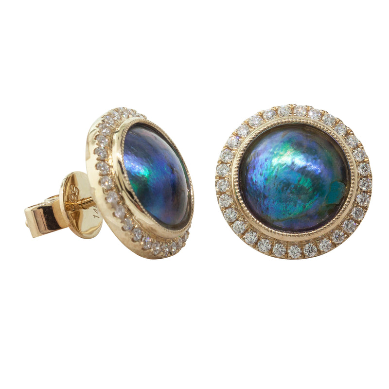 14ct Yellow Gold Paua Pearl & Diamond Halo Earrings-Earrings-Walker & Hall