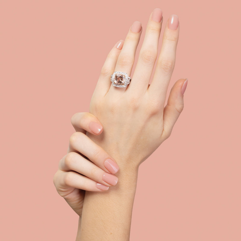 18ct White Gold Morganite & Diamond Halo Ring-Ring-Walker & Hall