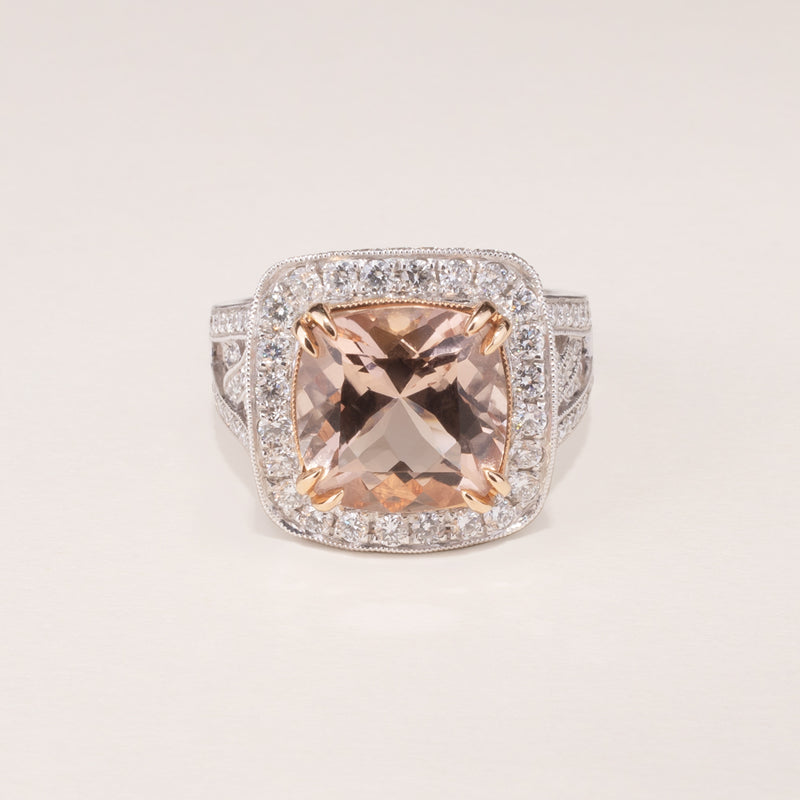 18ct White Gold Morganite & Diamond Halo Ring-Ring-Walker & Hall