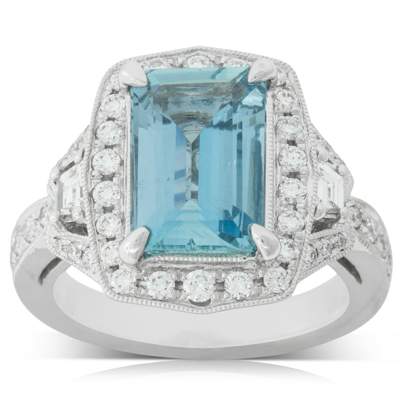 18ct White Gold Aquamarine & Diamond Halo Ring-Ring-Walker & Hall