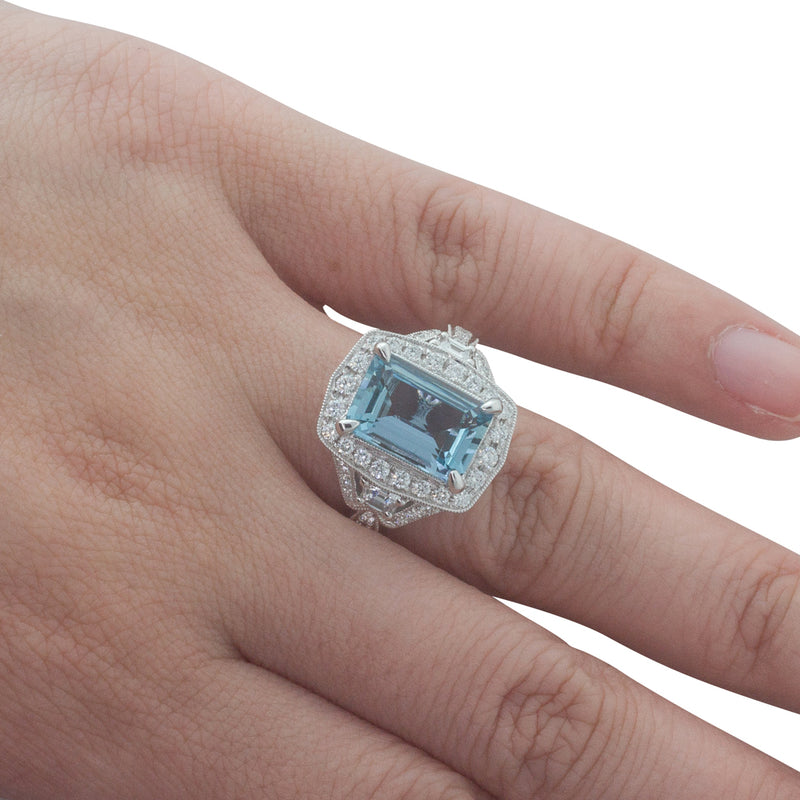 18ct White Gold Aquamarine & Diamond Halo Ring-Ring-Walker & Hall