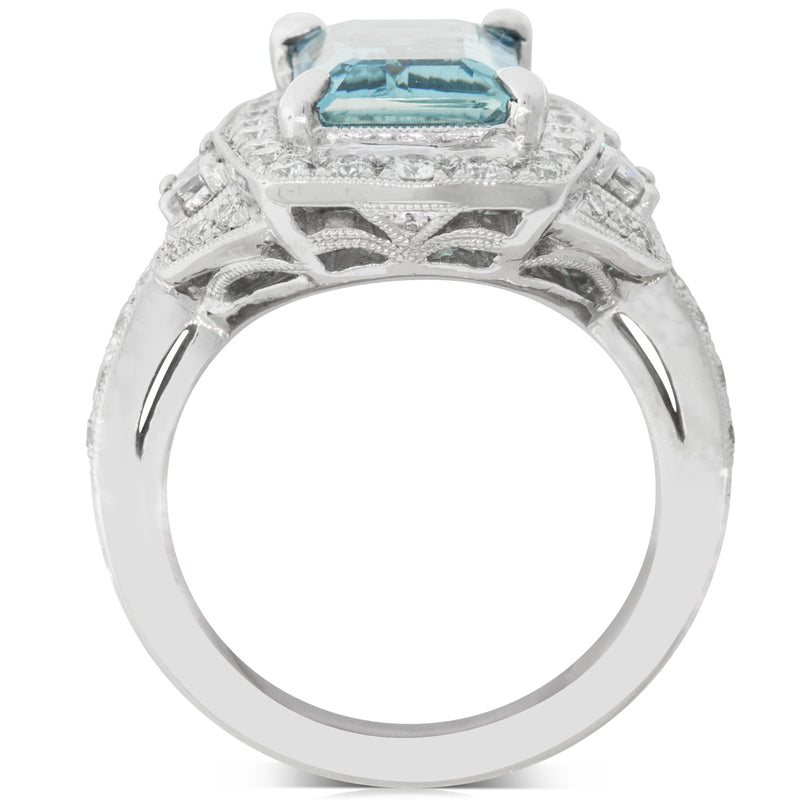 18ct White Gold Aquamarine & Diamond Halo Ring-Ring-Walker & Hall