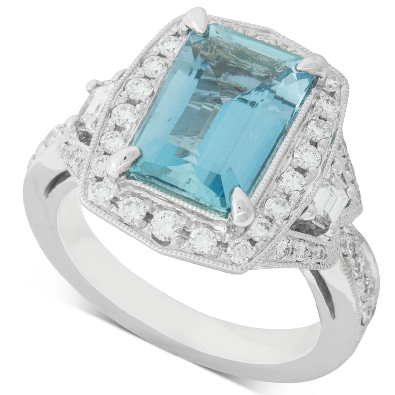 18ct White Gold Aquamarine & Diamond Halo Ring-Ring-Walker & Hall