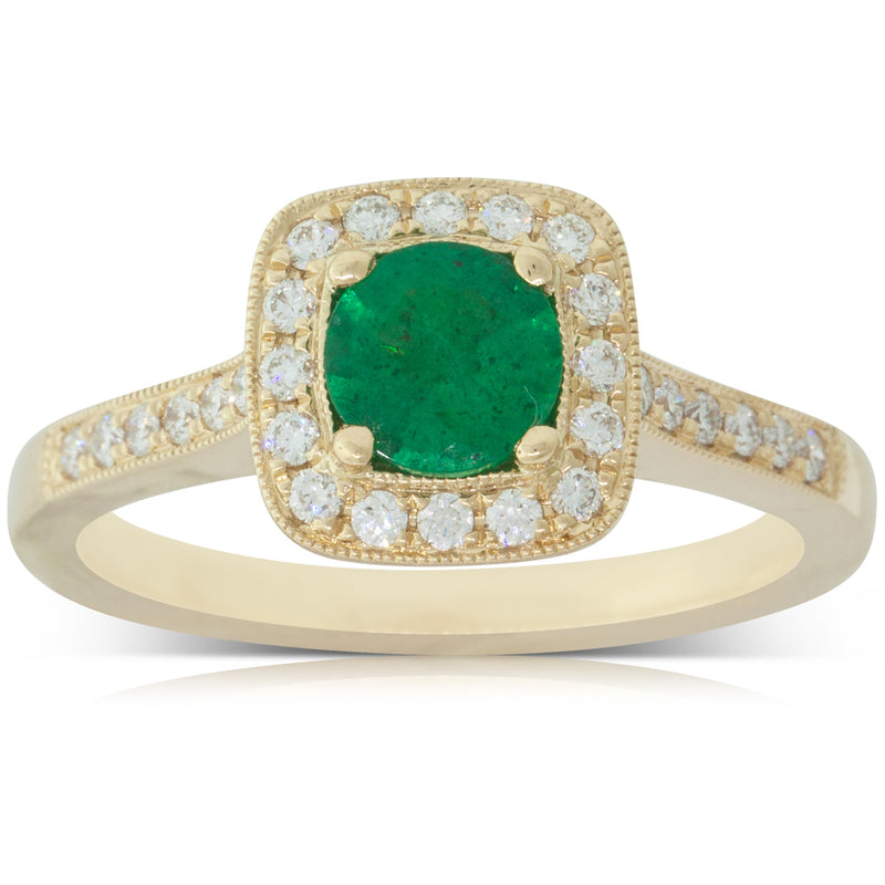 18ct Yellow Gold Emerald & Diamond Halo Ring-Ring-Walker & Hall