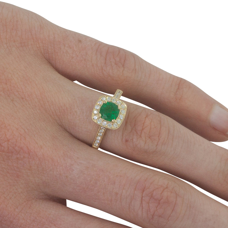 18ct Yellow Gold Emerald & Diamond Halo Ring-Ring-Walker & Hall