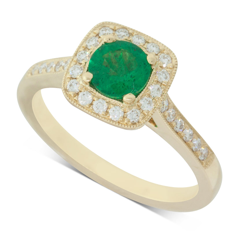 18ct Yellow Gold Emerald & Diamond Halo Ring-Ring-Walker & Hall