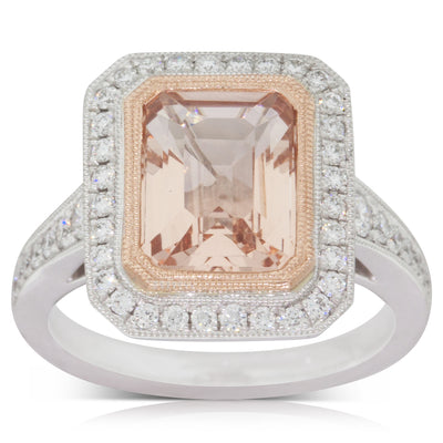 18ct White Gold Morganite & Diamond Halo Ring-Ring-Walker & Hall