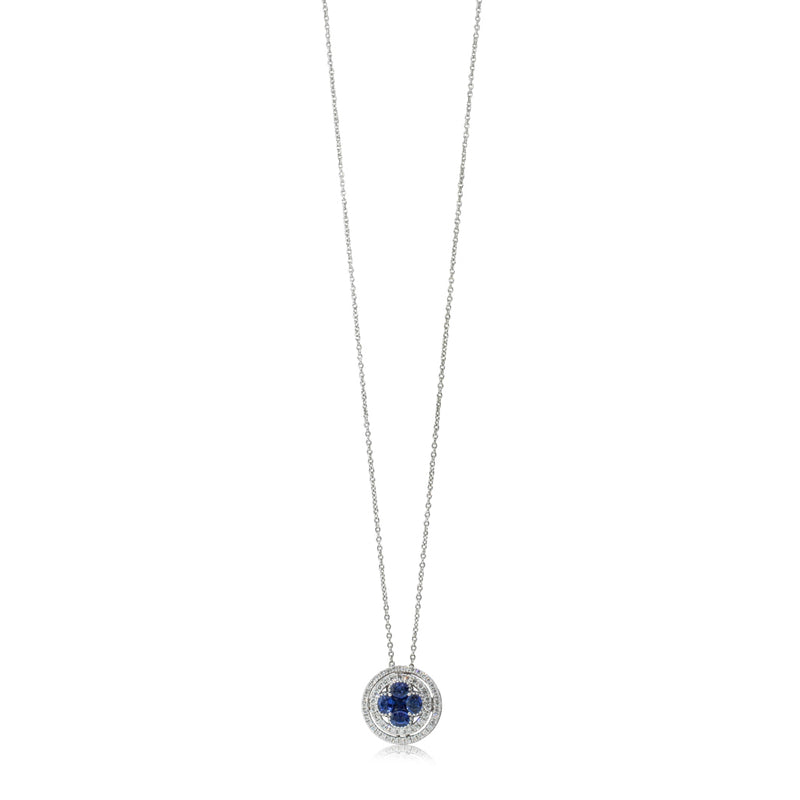 18ct White Gold Sapphire & Diamond Halo Pendant-Necklace-Walker & Hall