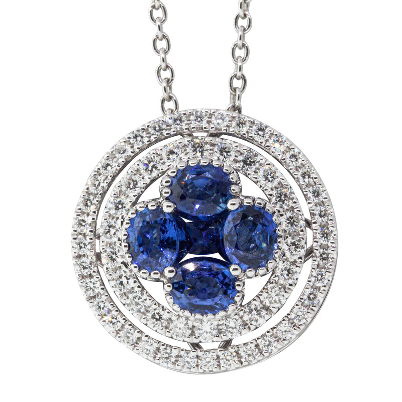 18ct White Gold Sapphire & Diamond Halo Pendant-Necklace-Walker & Hall