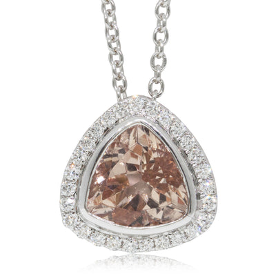 18ct White Gold Morganite & Diamond Halo Pendant-Necklace-Walker & Hall