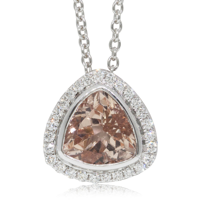 18ct White Gold Morganite & Diamond Halo Pendant-Necklace-Walker & Hall
