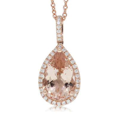 18ct Rose Gold Morganite & Diamond Halo Pendant-Necklace-Walker & Hall
