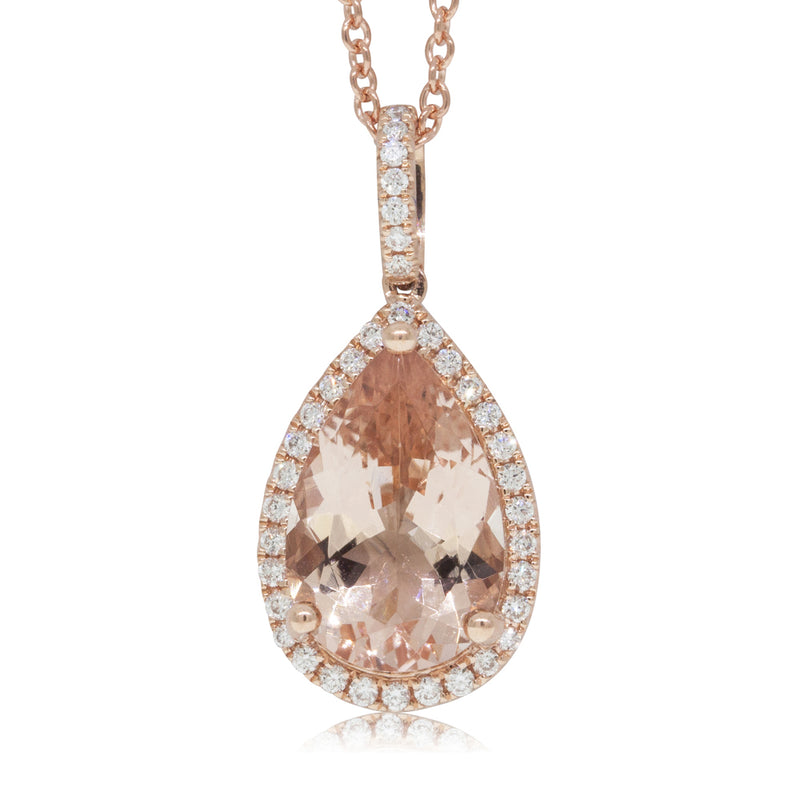 18ct Rose Gold Morganite & Diamond Halo Pendant-Necklace-Walker & Hall