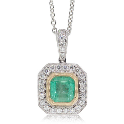 18ct White & Yellow Gold 1.12ct Emerald & Diamond Halo Pendant-Necklace-Walker & Hall