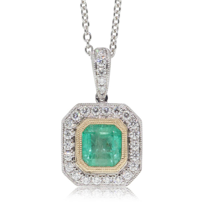 18ct White & Yellow Gold 1.12ct Emerald & Diamond Halo Pendant-Necklace-Walker & Hall