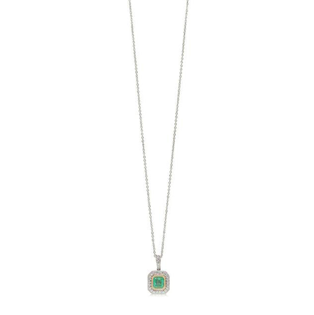 18ct White & Yellow Gold 1.12ct Emerald & Diamond Halo Pendant-Necklace-Walker & Hall
