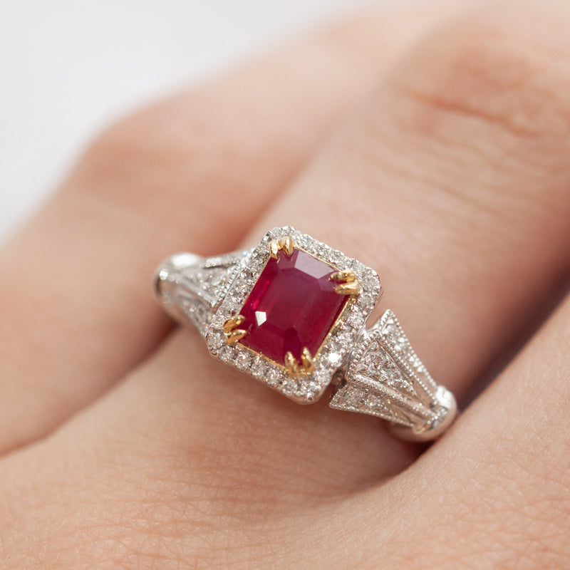 18ct White Gold Ruby & Diamond Halo Ring-Ring-Walker & Hall