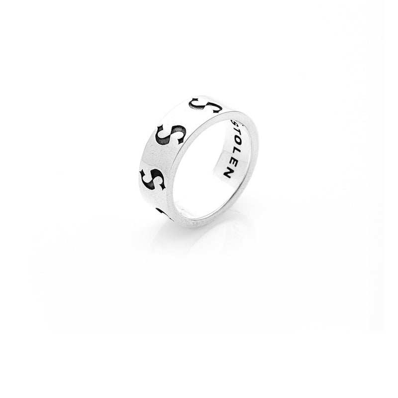Stolen Girlfriends Club S-Logo Imprint Narrow Oxidised Band - Sterling Silver-Ring-Walker & Hall