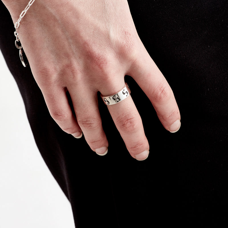 Stolen Girlfriends Club S-Logo Imprint Narrow Oxidised Band - Sterling Silver-Ring-Walker & Hall